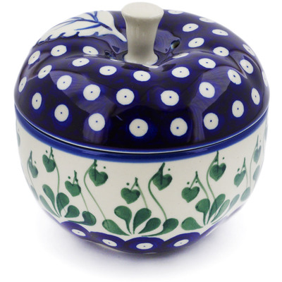 Polish Pottery Apple Shaped Jar 5&quot; Bleeding Heart Peacock