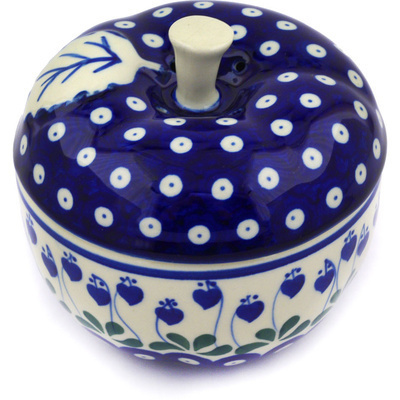 Polish Pottery Apple Shaped Jar 5&quot; Bleeding Heart Peacock