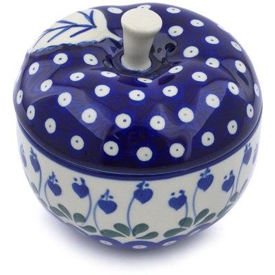 Polish Pottery Apple Shaped Jar 5&quot; Bleeding Heart Peacock