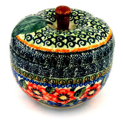 Polish Pottery Apple Shaped Jar 5&quot; Blue And Red Poppies UNIKAT