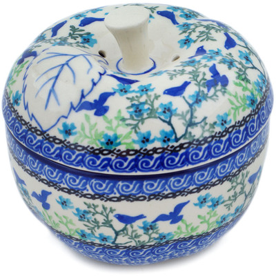 Polish Pottery Apple Shaped Jar 5&quot; Blue Bird Flying UNIKAT