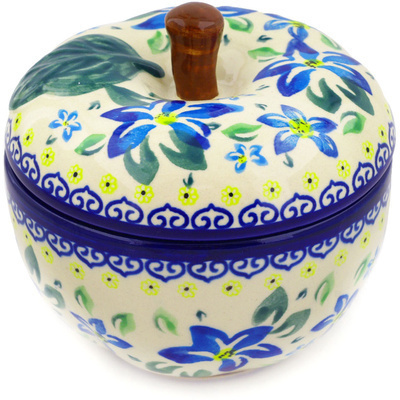 Polish Pottery Apple Shaped Jar 5&quot; Blue Clematis