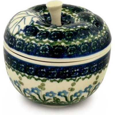 Polish Pottery Apple Shaped Jar 5&quot; Blue Daisy Circle