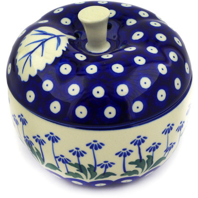 Polish Pottery Apple Shaped Jar 5&quot; Blue Daisy Peacock