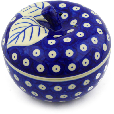 Polish Pottery Apple Shaped Jar 5&quot; Blue Eyed Peacock