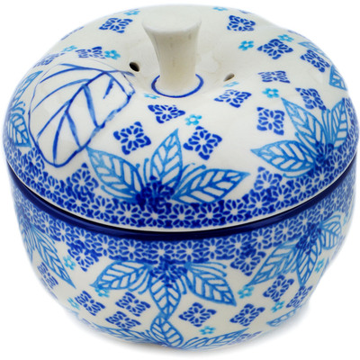 Polish Pottery Apple Shaped Jar 5&quot; Blue Poinsettia UNIKAT