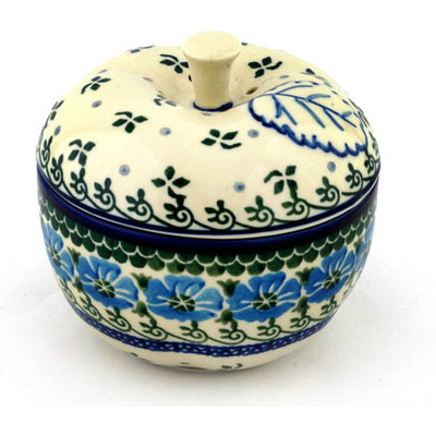 Polish Pottery Apple Shaped Jar 5&quot; Blue Poppy Chain