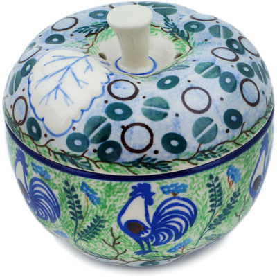 Polish Pottery Apple Shaped Jar 5&quot; Blue Rooster UNIKAT