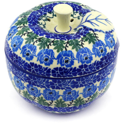 Polish Pottery Apple Shaped Jar 5&quot; Blue Rosette Wreath