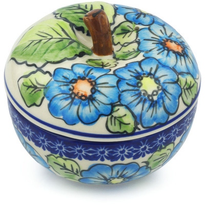 Polish Pottery Apple Shaped Jar 5&quot; Bold Blue Poppies UNIKAT