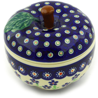 Polish Pottery Apple Shaped Jar 5&quot; Bright Peacock Daisy