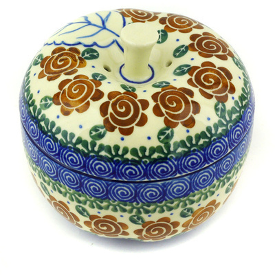 Polish Pottery Apple Shaped Jar 5&quot; Brown Flower Swirl