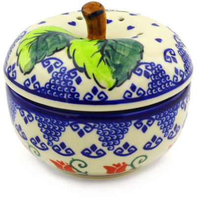 Polish Pottery Apple Shaped Jar 5&quot; Butterfly Tulips