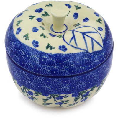Polish Pottery Apple Shaped Jar 5&quot; Cascading Blue Blossoms