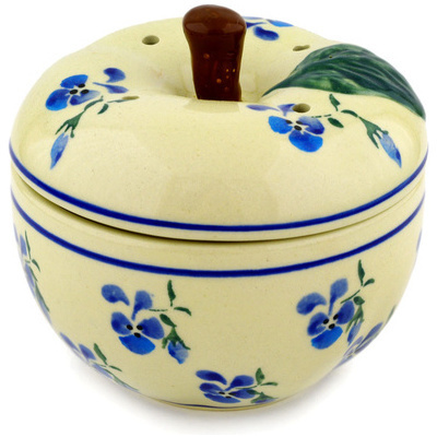 Polish Pottery Apple Shaped Jar 5&quot; Cobalt Pansy