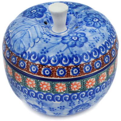 Polish Pottery Apple Shaped Jar 5&quot; Dancing Blue Poppies UNIKAT