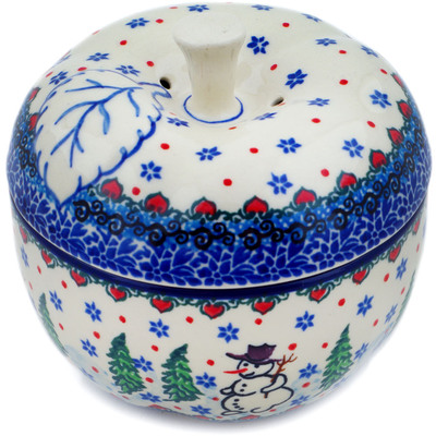 Polish Pottery Apple Shaped Jar 5&quot; Dancing Snowman UNIKAT