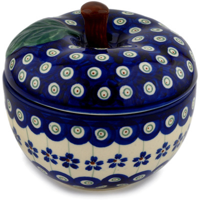 Polish Pottery Apple Shaped Jar 5&quot; Flowering Peacock
