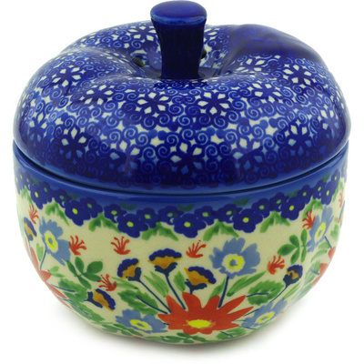 Polish Pottery Apple Shaped Jar 5&quot; Folk Flowers UNIKAT