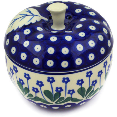 Polish Pottery Apple Shaped Jar 5&quot; Forget-me-not Peacock