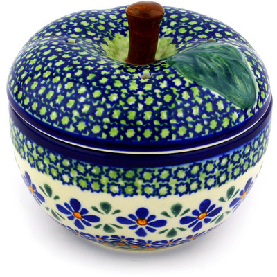 Polish Pottery Apple Shaped Jar 5&quot; Gingham Flowers