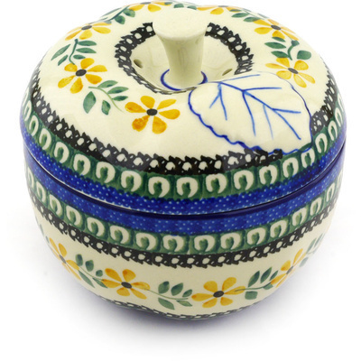 Polish Pottery Apple Shaped Jar 5&quot; Golden Daisy Swirl