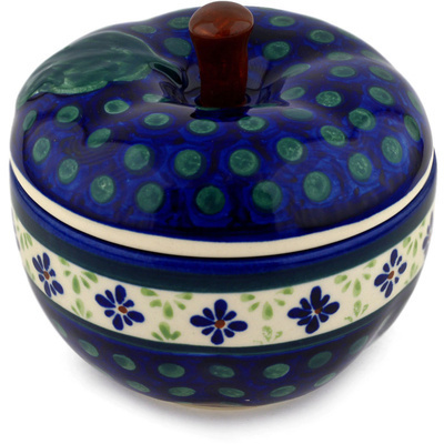 Polish Pottery Apple Shaped Jar 5&quot; Green Gingham Peacock