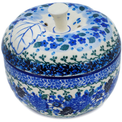 Polish Pottery Apple Shaped Jar 5&quot; Hummingbird Blue UNIKAT