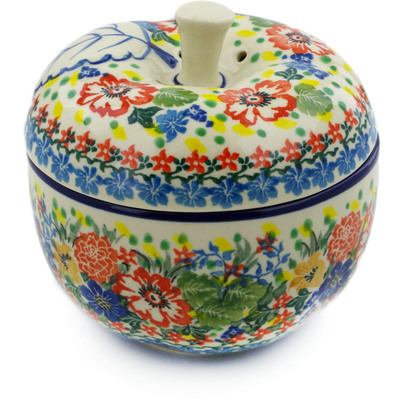 Polish Pottery Apple Shaped Jar 5&quot; Hummingbird Meadow UNIKAT