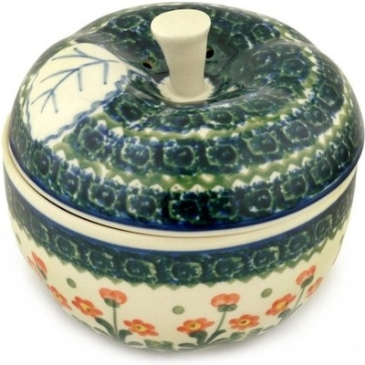 Polish Pottery Apple Shaped Jar 5&quot; Peach Spring Daisy