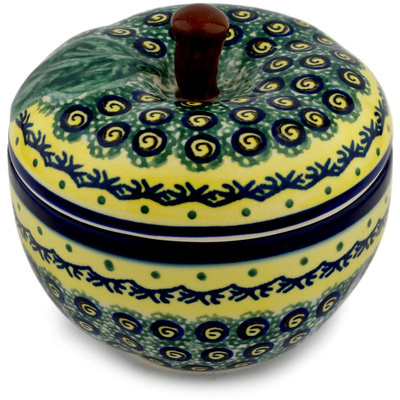 Polish Pottery Apple Shaped Jar 5&quot; Peacock Bumble Bee