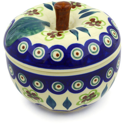 Polish Pottery Apple Shaped Jar 5&quot; Peacock Garden
