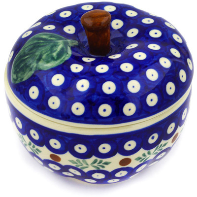 Polish Pottery Apple Shaped Jar 5&quot; Peacock Hollies