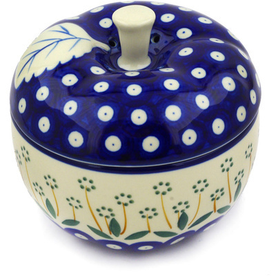 Polish Pottery Apple Shaped Jar 5&quot; Pushing Daisy Peacock