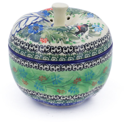 Polish Pottery Apple Shaped Jar 5&quot; Red Breasted Robin UNIKAT