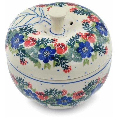 Polish Pottery Apple Shaped Jar 5&quot; Springtime Wreath