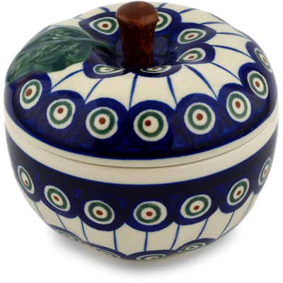 Polish Pottery Apple Shaped Jar 5&quot; Traditional Peacock