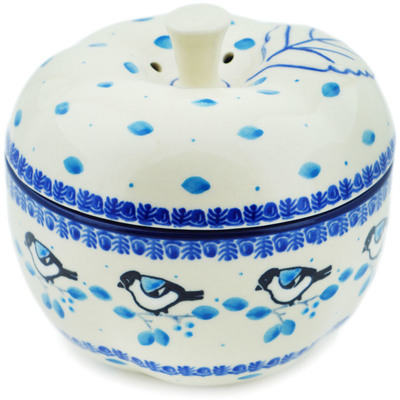 Polish Pottery Apple Shaped Jar 5&quot; Winter Sparrow