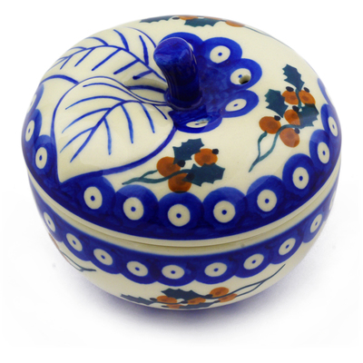 Polish Pottery Apple Shaped Jar 5&quot; Yellow Holly Berries