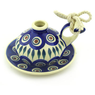 Polish Pottery Aroma Oil Burner Lamp 5&quot; Blue Peacock