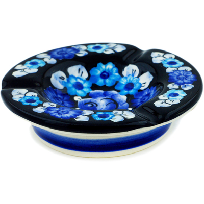 faience Ashtray 5&quot; Cobalt Flowers