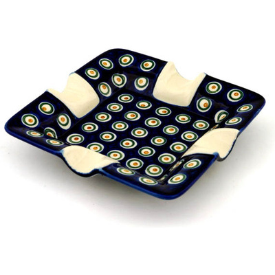 Polish Pottery Ashtray 7&quot; Peacock Leaves