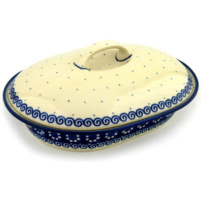 Polish Pottery Baker with Cover 10&quot; Black Daisy Swirl