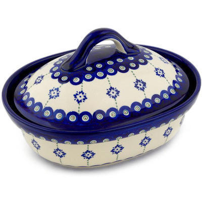 Polish Pottery Baker with Cover 10&quot; Blue Boutonniere