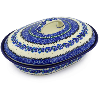 Polish Pottery Baker with Cover 10&quot; Blue Bud Sea