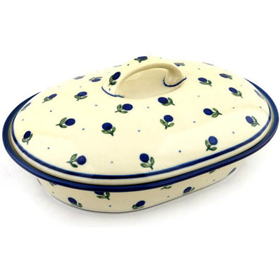 Polish Pottery Baker with Cover 10&quot; Blue Buds