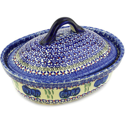 Polish Pottery Baker with Cover 10&quot; Blue Bulbs