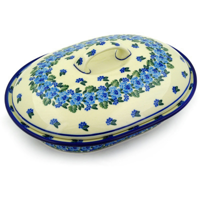 Polish Pottery Baker with Cover 10&quot; Blue Carnation