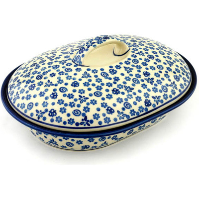 Polish Pottery Baker with Cover 10&quot; Blue Confetti