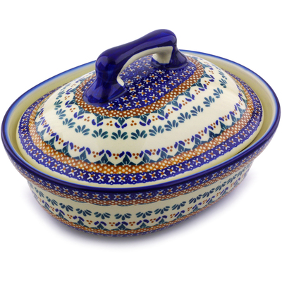Polish Pottery Baker with Cover 10&quot; Blue Cress